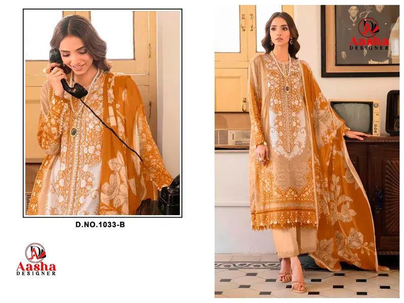 Aasha 1033 And 1034 Chiffon Dupatta Cotton Printed Embroidery Worked Pakistani Salwar Kameez