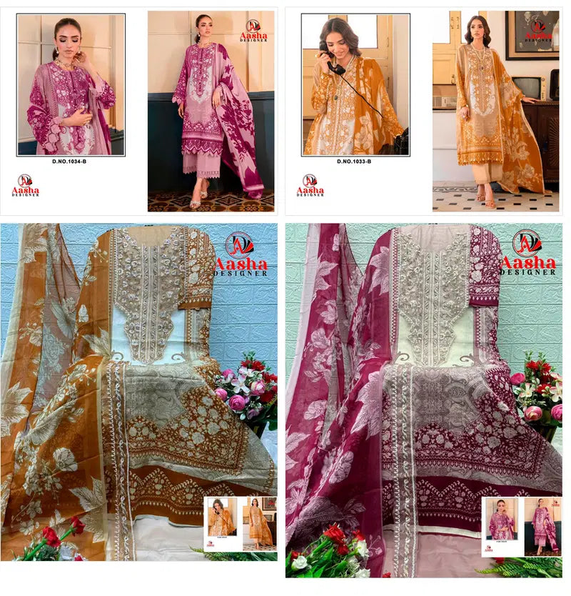 Aasha 1033 And 1034 Chiffon Dupatta Cotton Printed Embroidery Worked Pakistani Salwar Kameez
