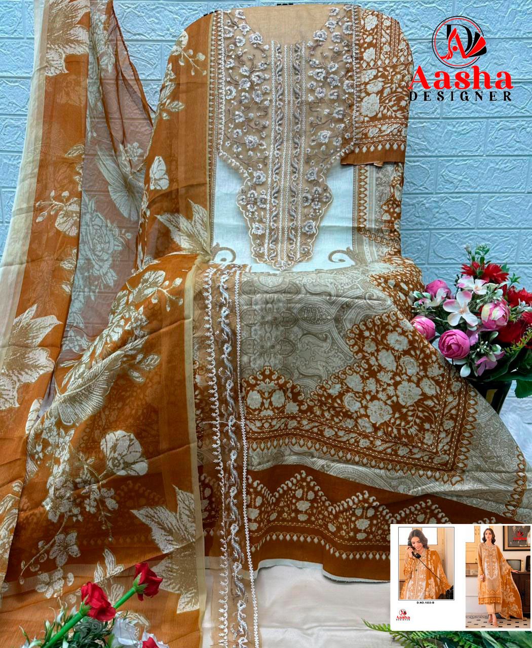 Aasha 1033 And 1034 Cotton Dupatta Cotton Printed Embroidery Worked Pakistani Salwar Kameez