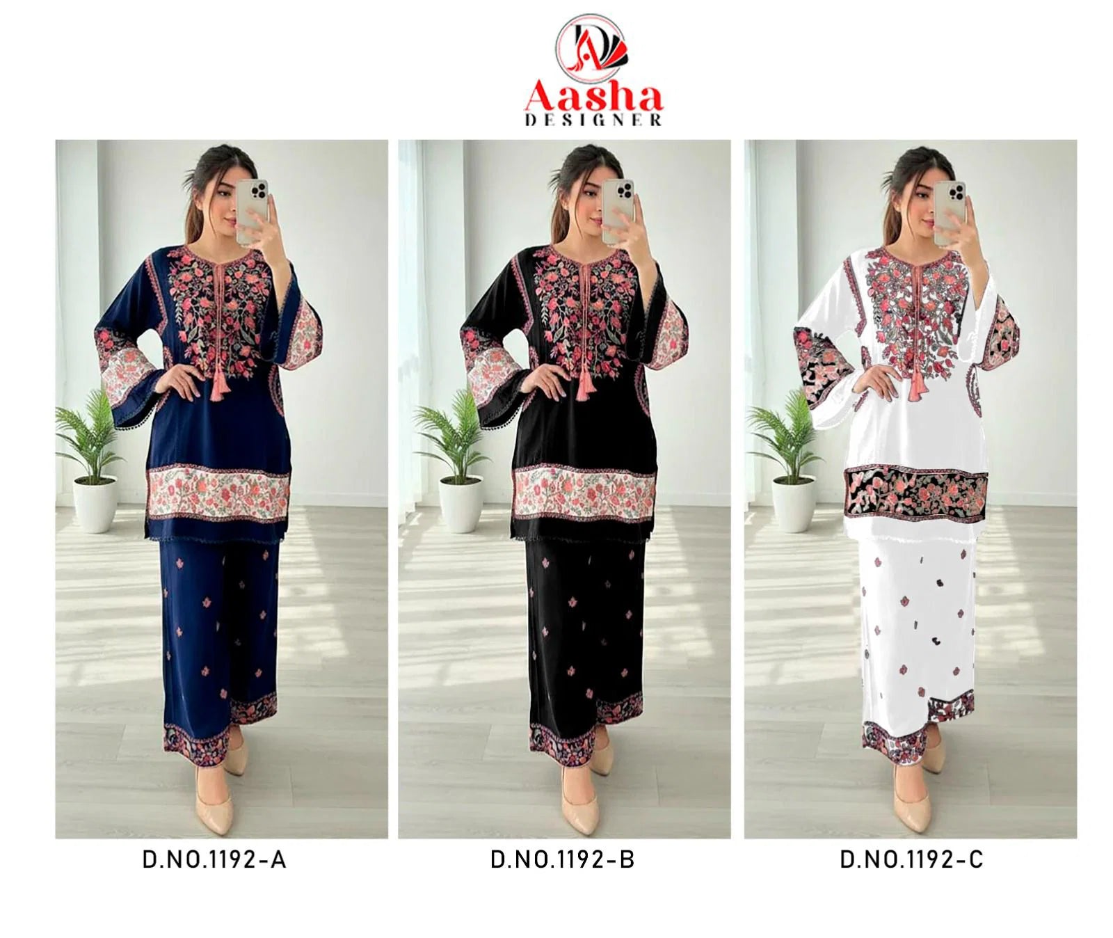 Aasha 1192 A To C Reyon With Embroidery Work Salwar Kameez Full Catalog available at wholesale rate.