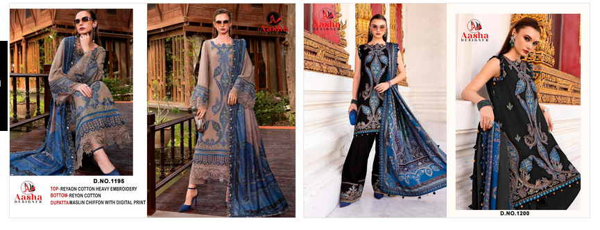 Aasha 1195 And 1200 Chiffon Dupatta Rayon Cotton Embroidered Salwar Kameez