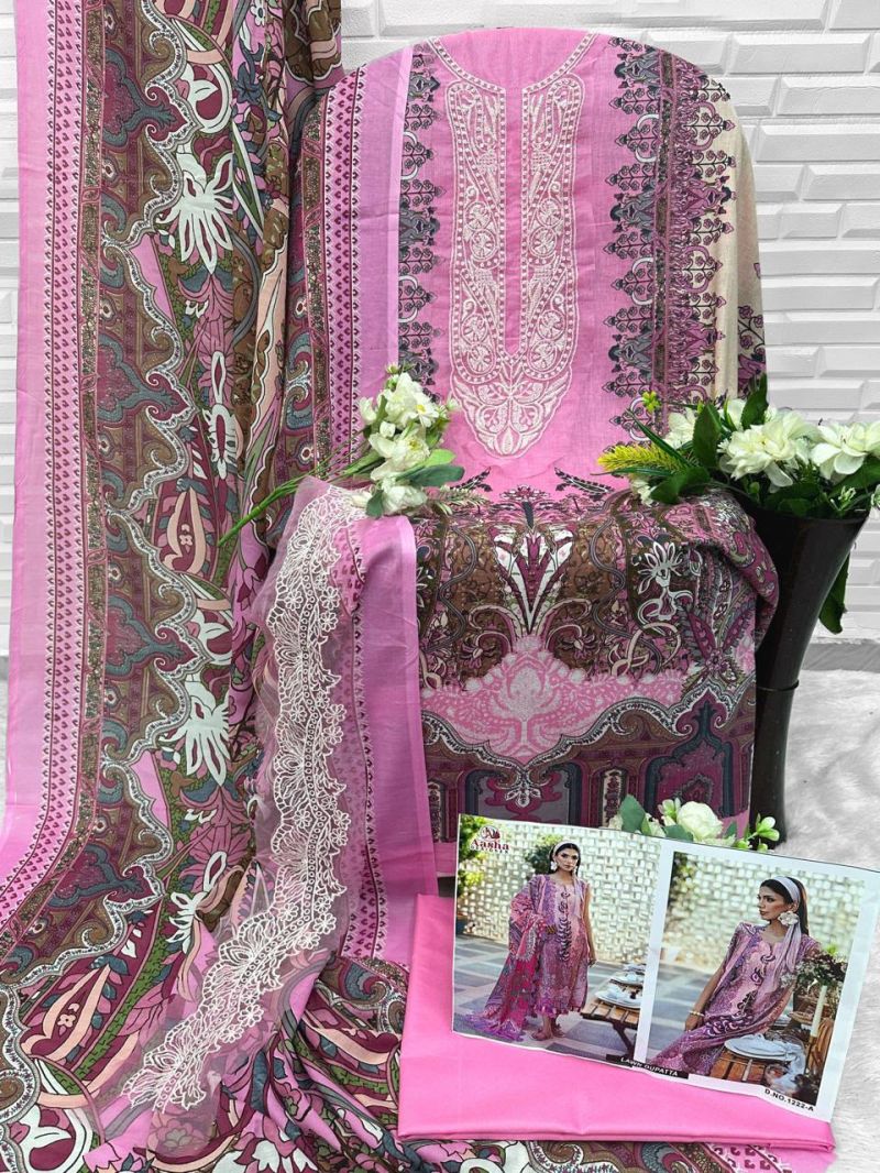 Aasha 1222 A And B Chiffon Dupatta Cotton Printed And Embroidered Salwar Kameez