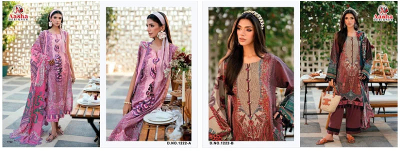 Aasha 1222 A And B Chiffon Dupatta Cotton Printed And Embroidered Salwar Kameez