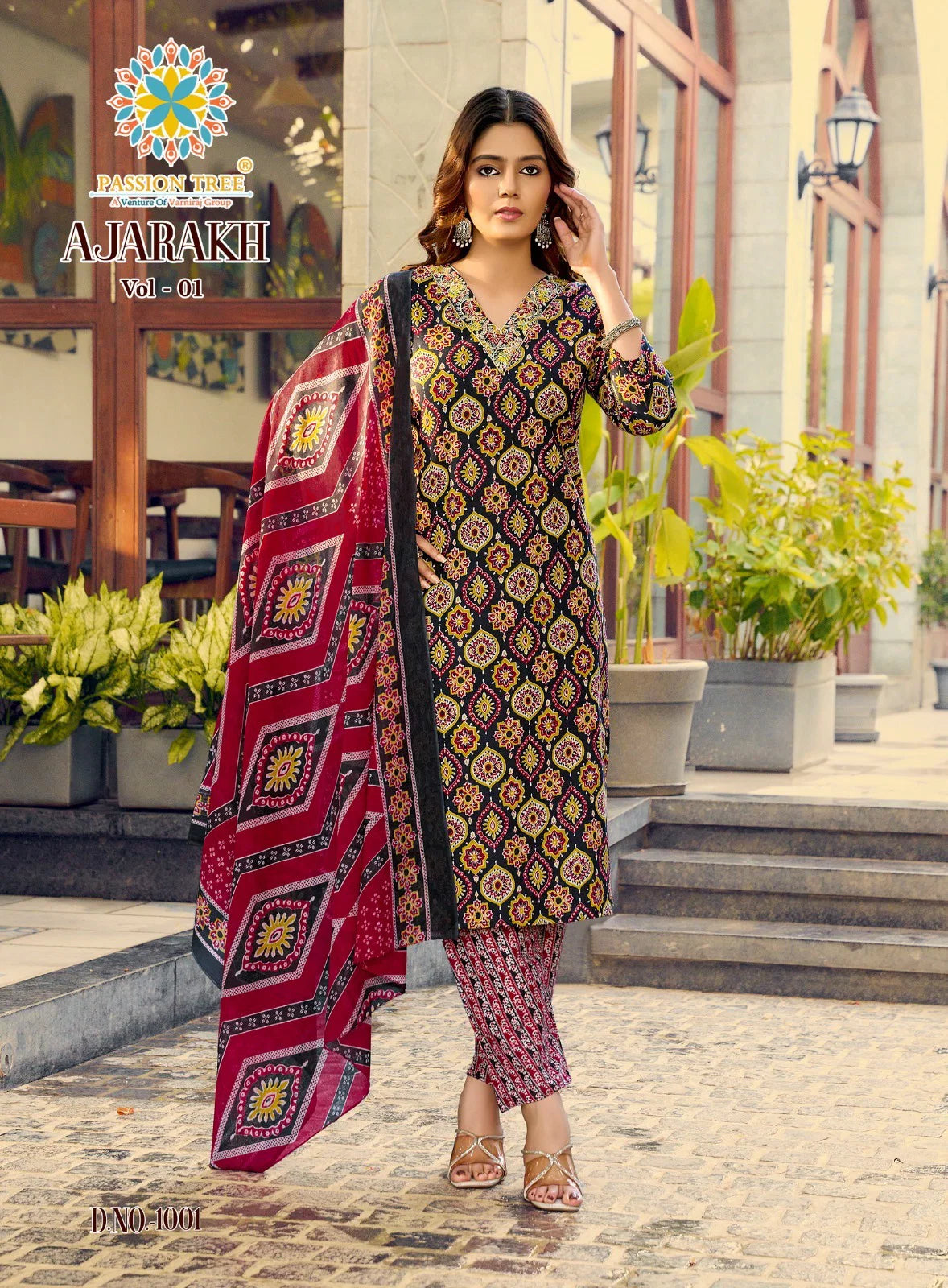 Ajarakh Vol 1 By Passion Tree Cotton Print Embroidered Kurti With Bottom Dupatta