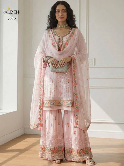 Alizeh 7080 Georgette Embroidered With Sequence Worked Top Sharara And Dupatta
