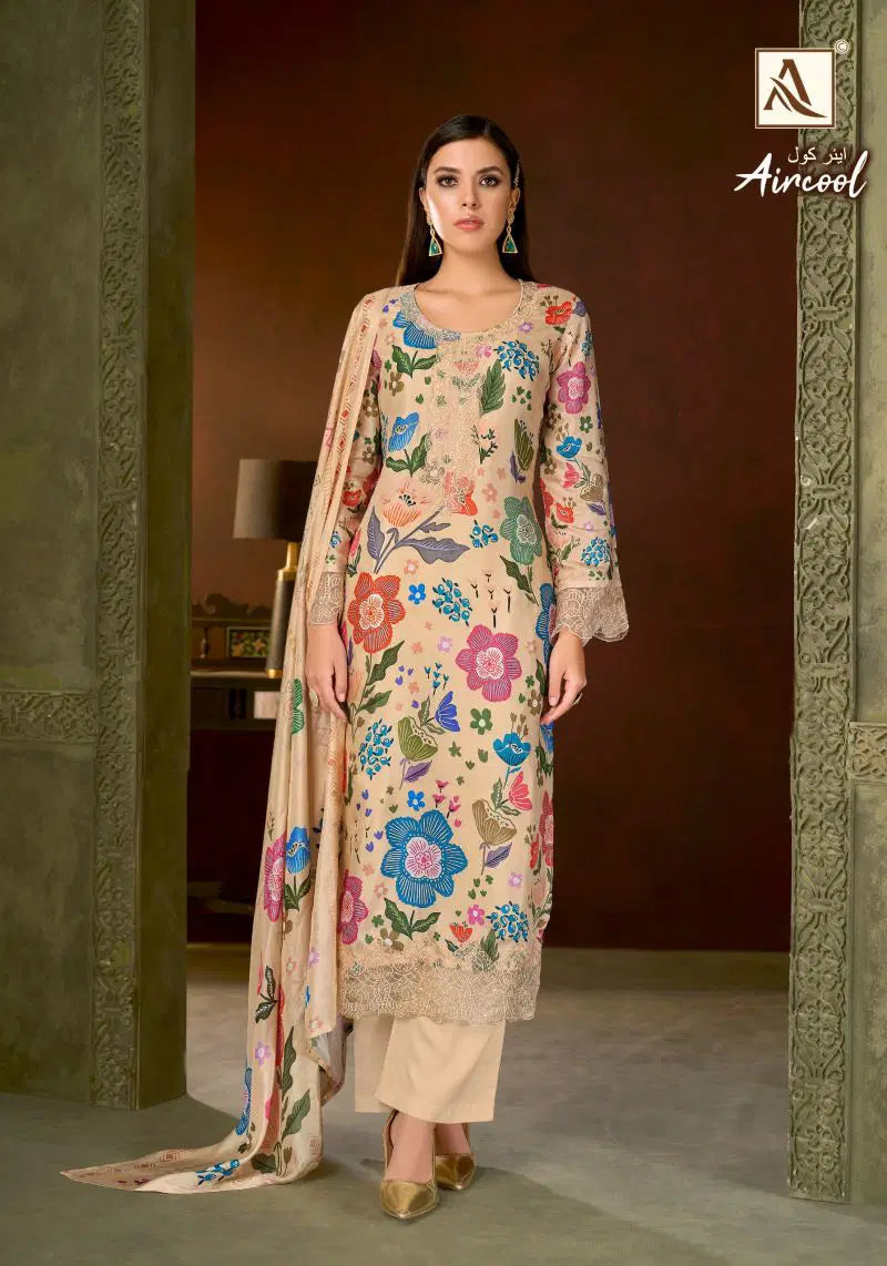 Alok Aircool Viscose Maslin Digital Print Embroidered Dress Material
