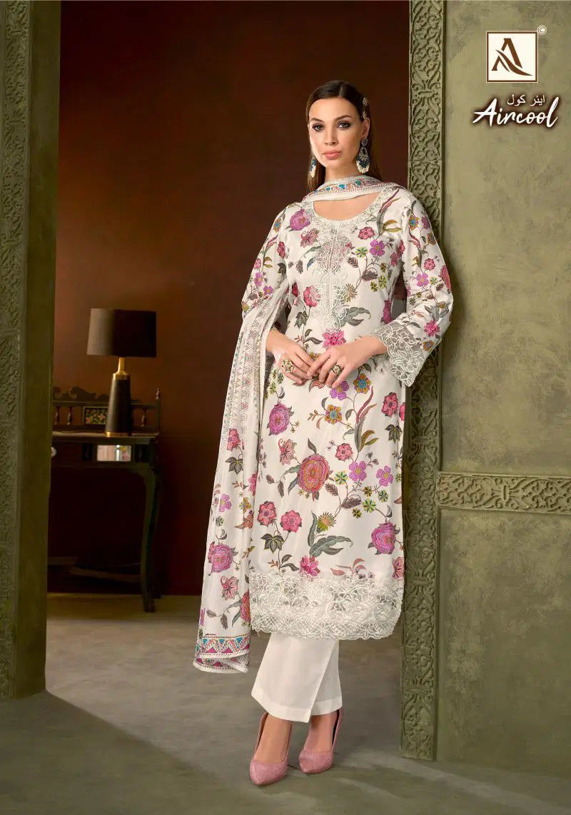 Alok Aircool Viscose Maslin Digital Print Embroidered Dress Material