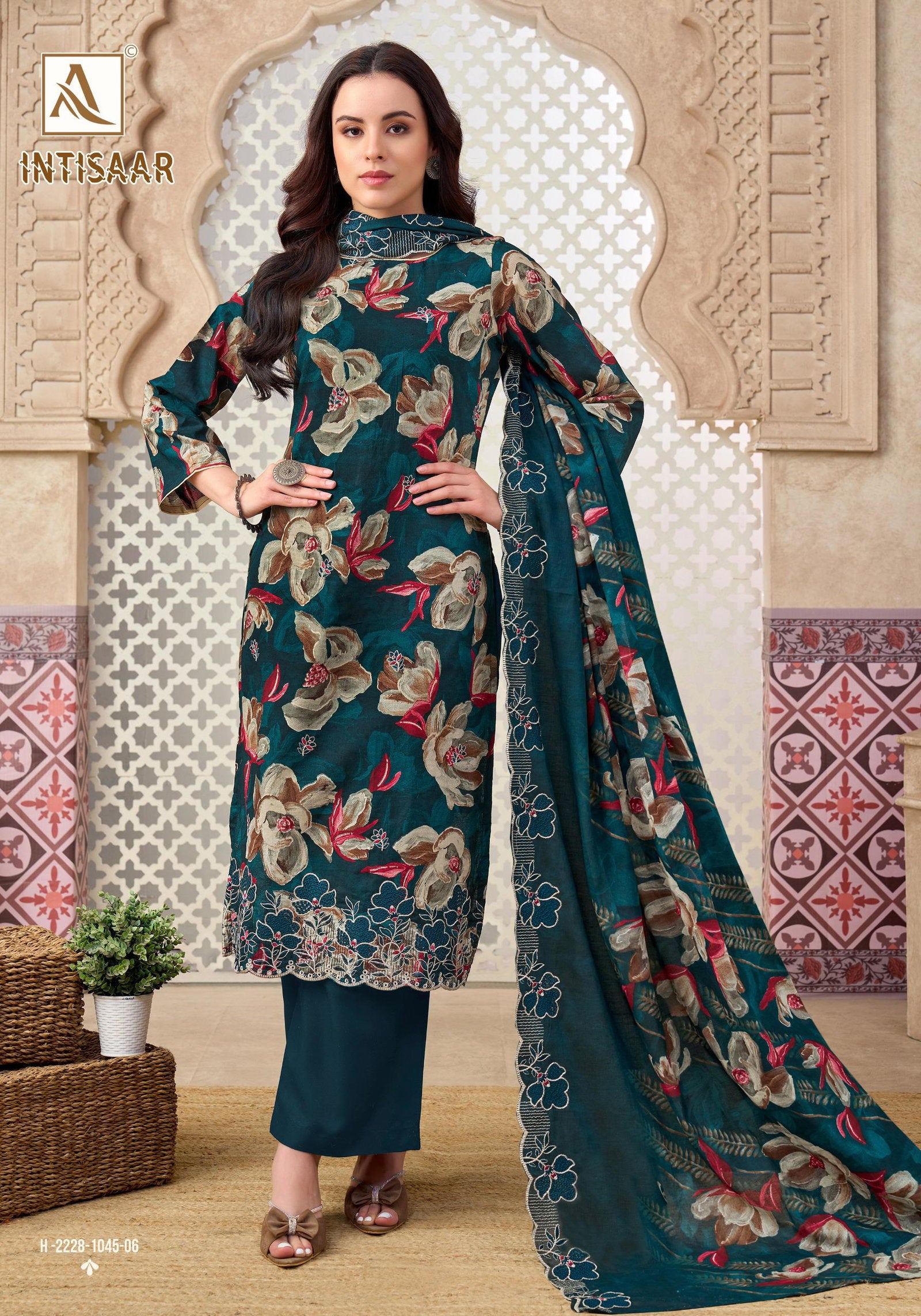 Alok Intisaar Cambric Cotton Digital Printed With Embroidered Dress Material