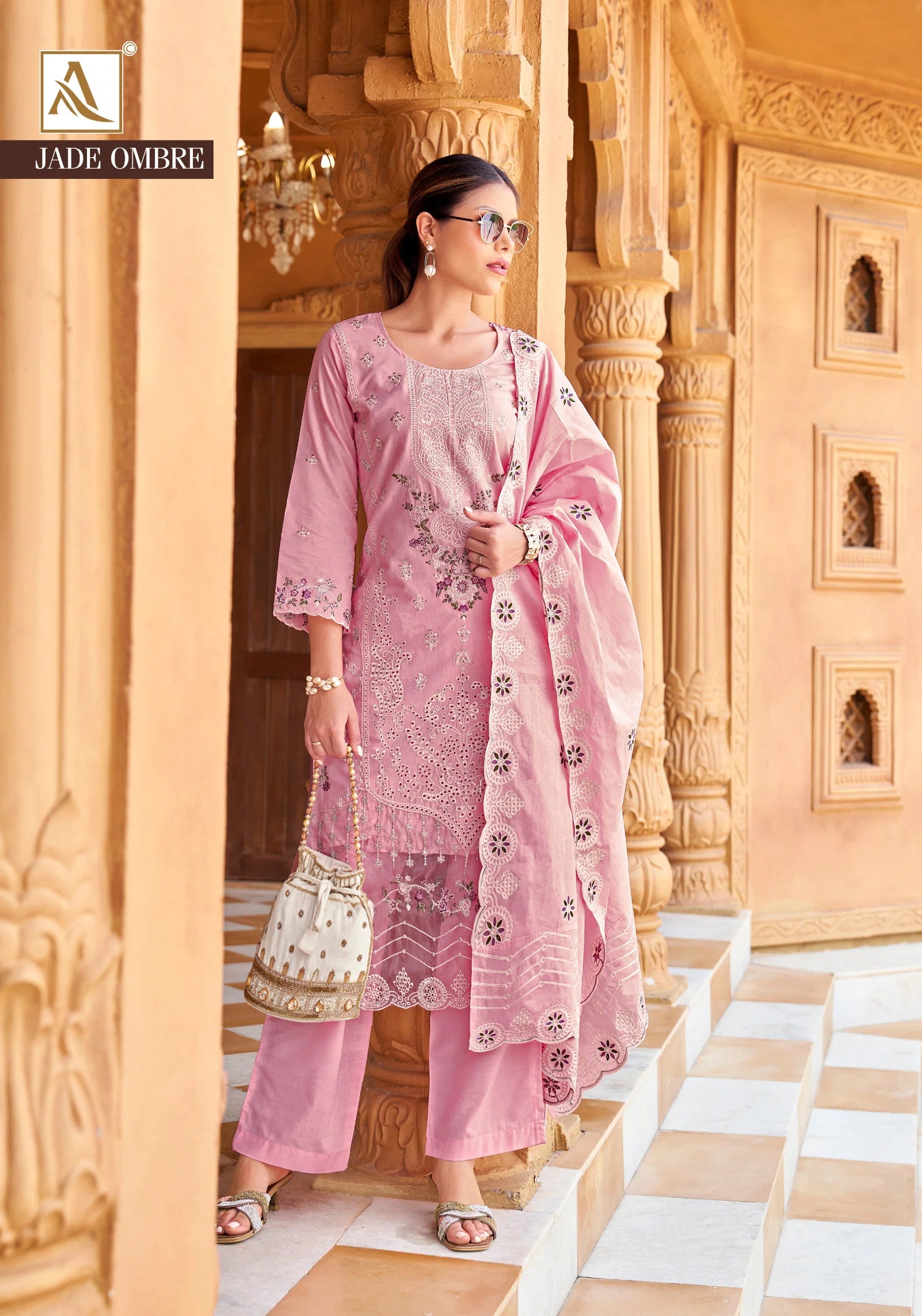 Alok Jade Ombre Cambric Lawn Cotton With Embroidery Dress Material