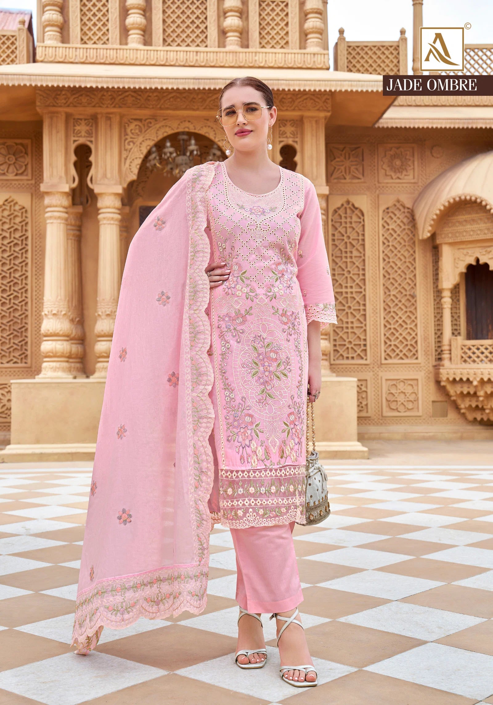 Alok Jade Ombre Cambric Lawn Cotton With Embroidery Dress Material