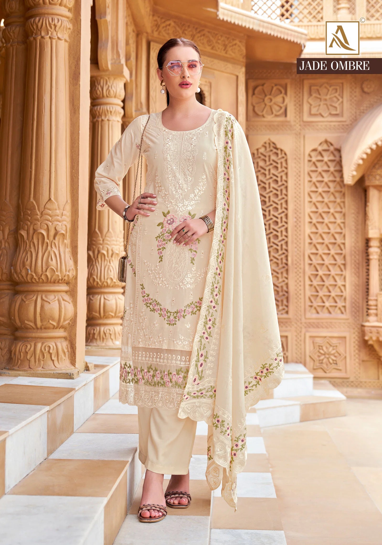 Alok Jade Ombre Cambric Lawn Cotton With Embroidery Dress Material