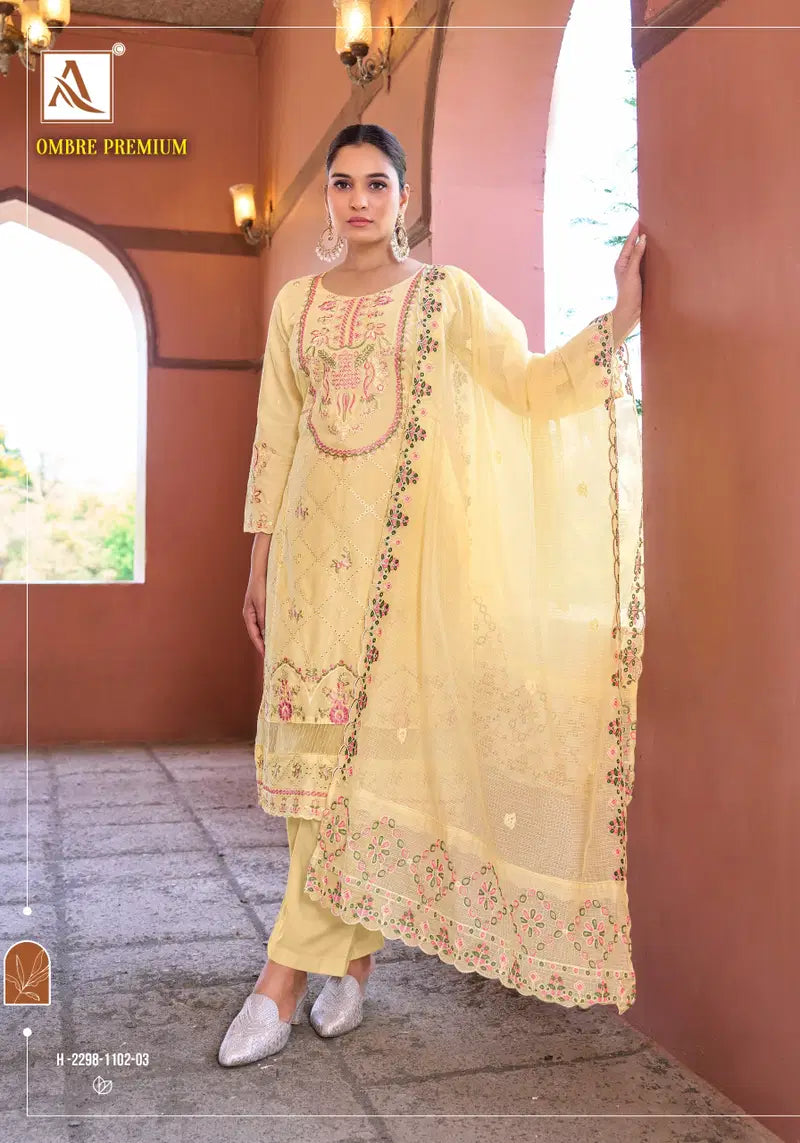 Alok Ombre Premium Cambric Cotton Embroidered Dress Material