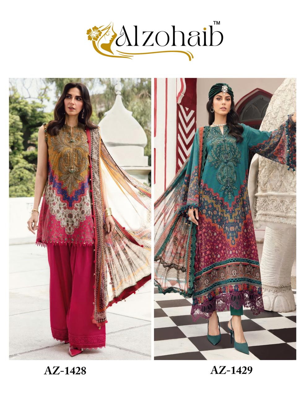 Alzohaib 1428 And 1429 Chiffon Dupatta Cotton Patch Work Pakistani Salwar Kameez