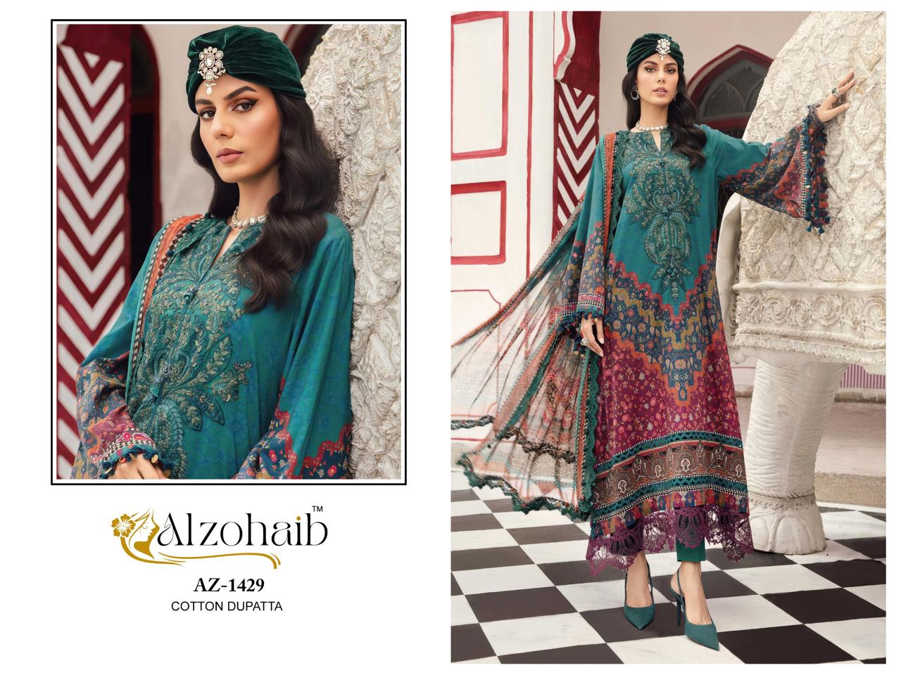 Alzohaib 1428 And 1429 Chiffon Dupatta Cotton Patch Work Pakistani Salwar Kameez