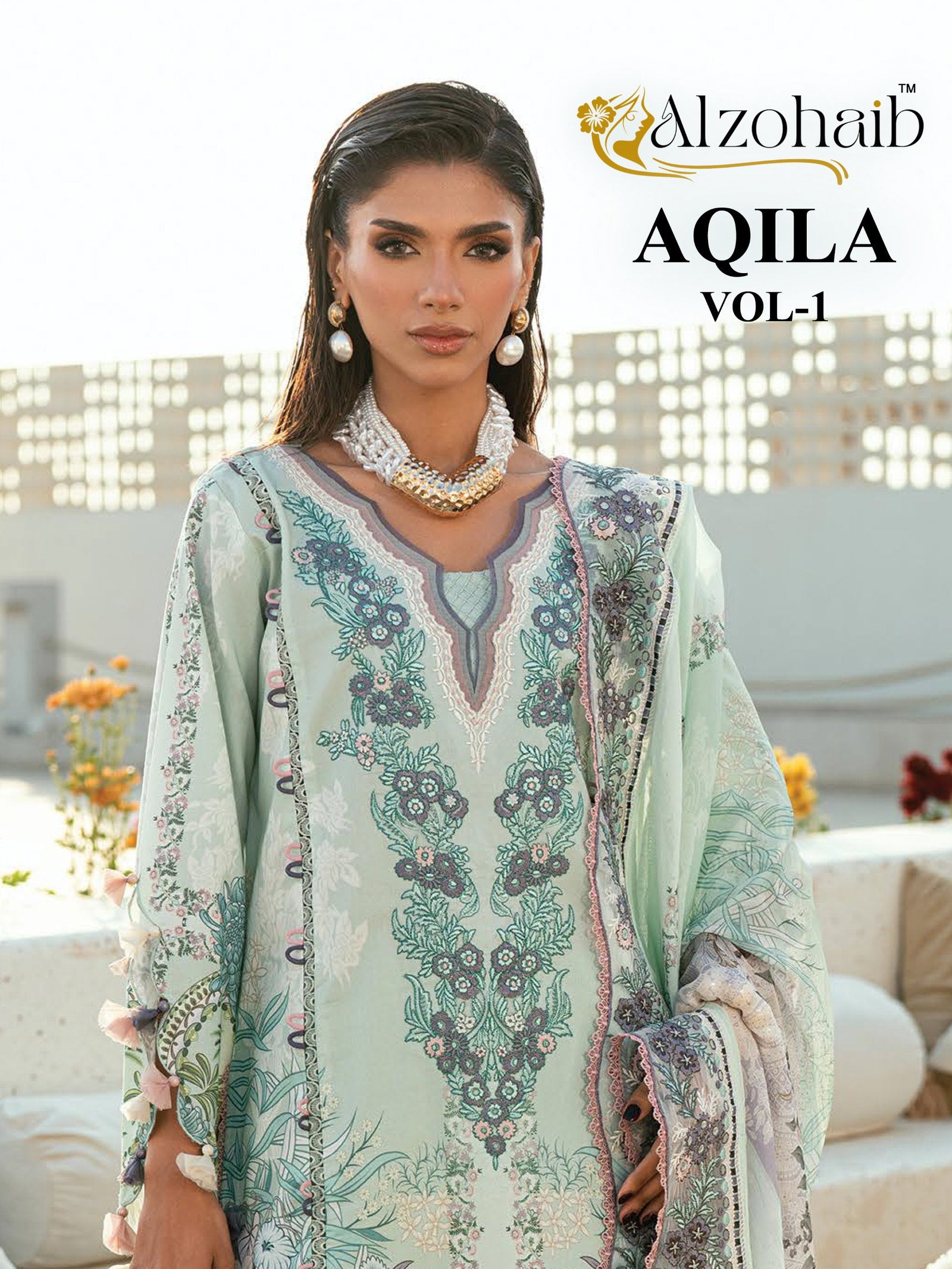 Alzohaib Aqila Vol 1 Chiffon Dupatta Cotton Embroidered Salwar Kameez Full Catalog available at wholesale rate.