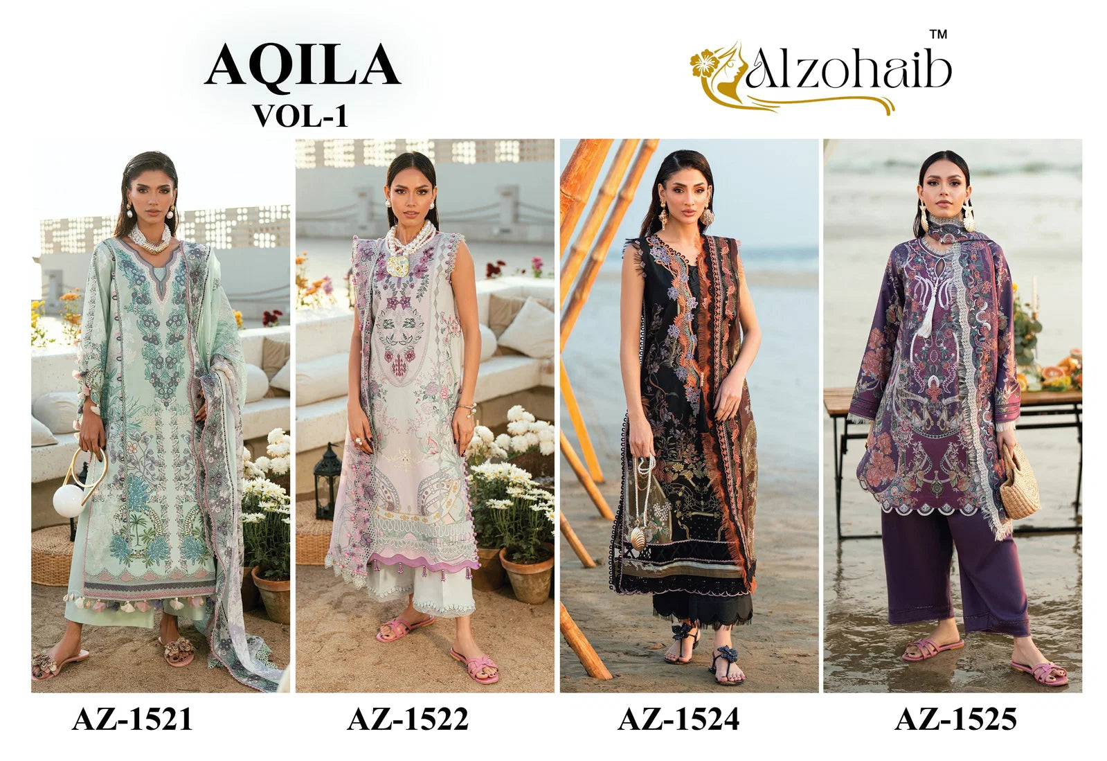 Alzohaib Aqila Vol 1 Chiffon Dupatta Cotton Embroidered Salwar Kameez Full Catalog available at wholesale rate.