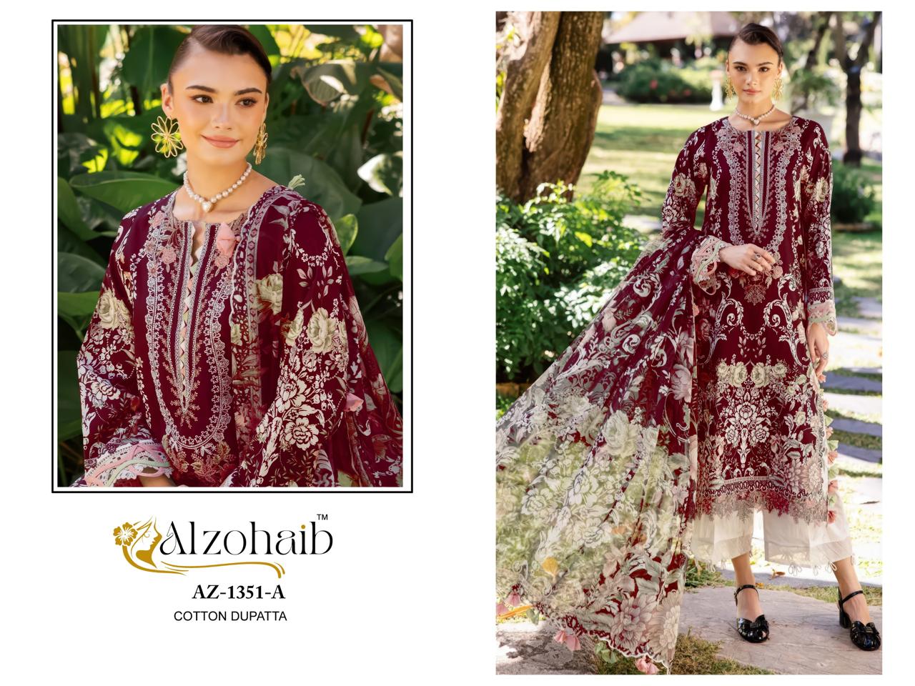 Alzohaib Az 1351 A To B Chiffon Dupatta Cotton Embroidered Salwar Kameez