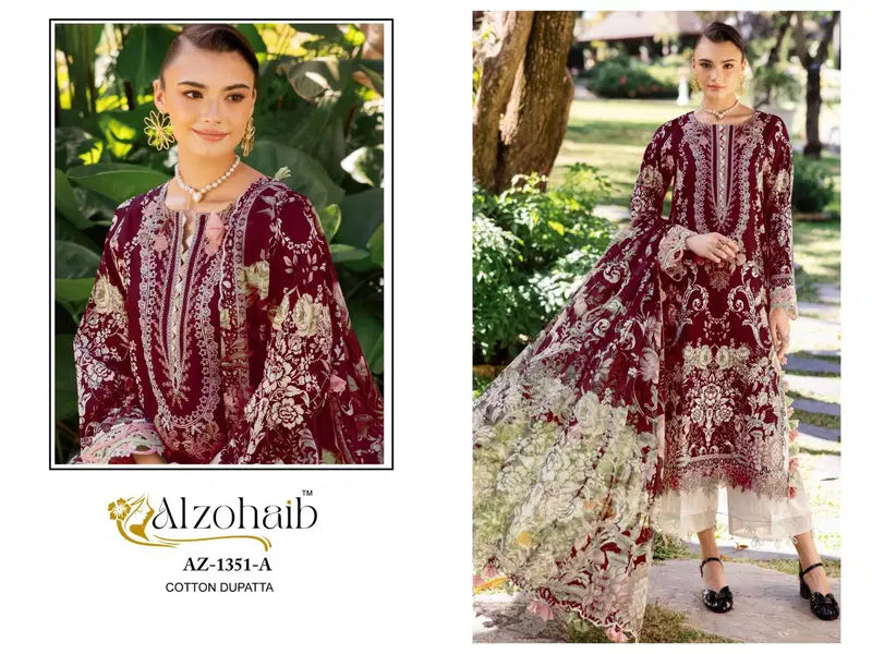 Alzohaib Az 1351 A To B Chiffon Dupatta Cotton Embroidered Salwar Kameez