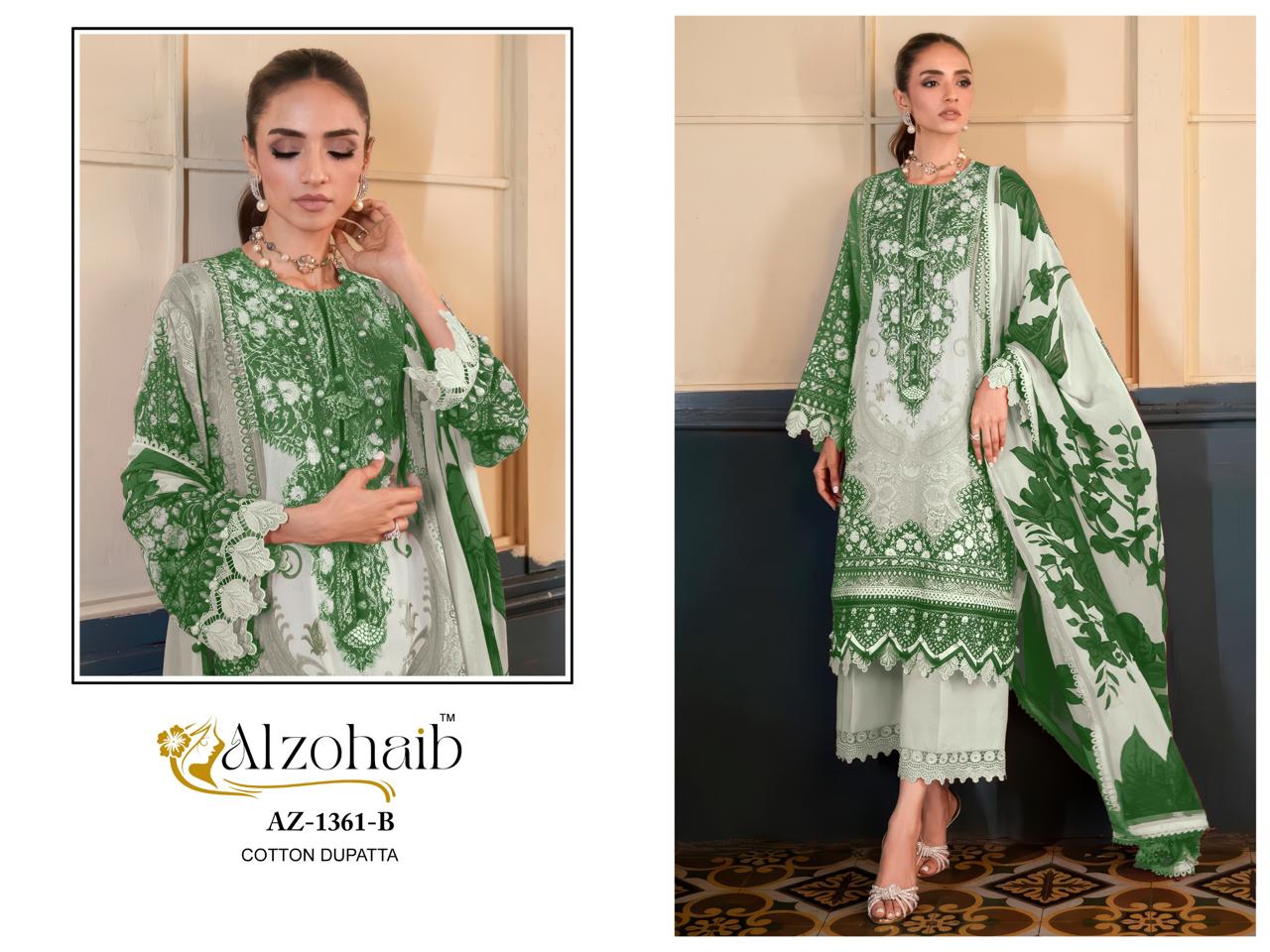 Alzohaib Az 1361 A To C And 1362 A To C Chiffon Dupatta Cotton Salwar Suit