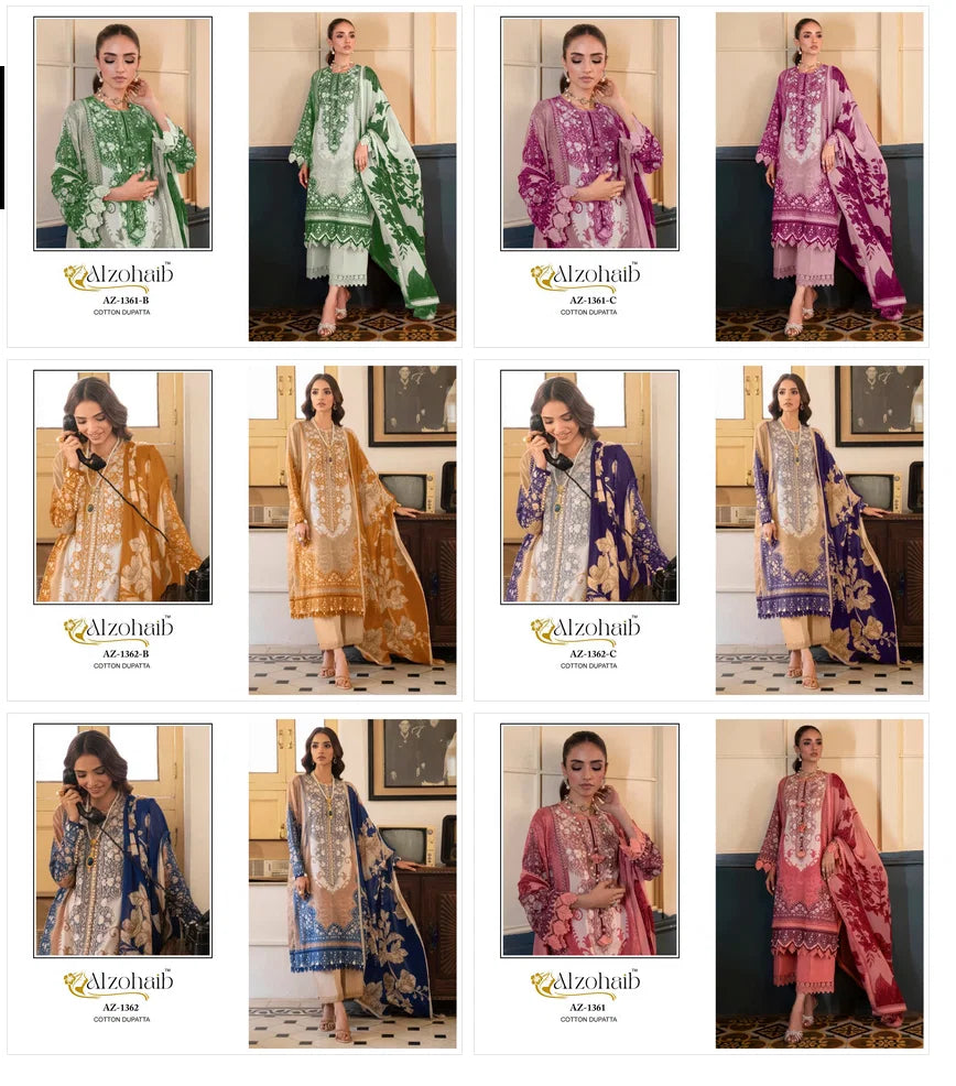 Alzohaib Az 1361 A To C And 1362 A To C Chiffon Dupatta Cotton Salwar Suit