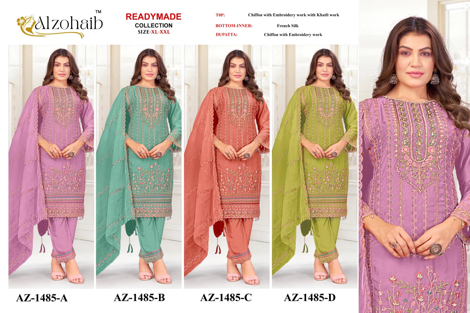 Alzohaib Az 1485 A To D Readymade Chiffon Pakistani Salwar Kameez