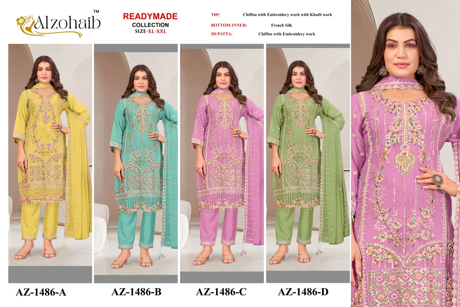 Alzohaib Az 1486 A To D Readymade Chiffon Pakistani Salwar Kameez