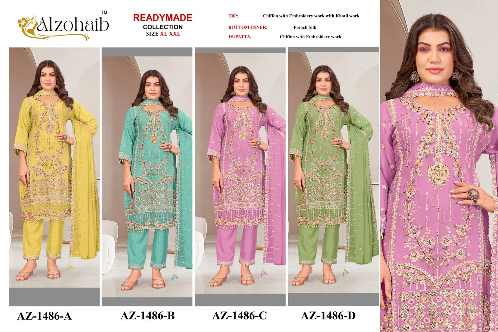 Alzohaib Az 1486 A To D Readymade Chiffon Pakistani Salwar Kameez