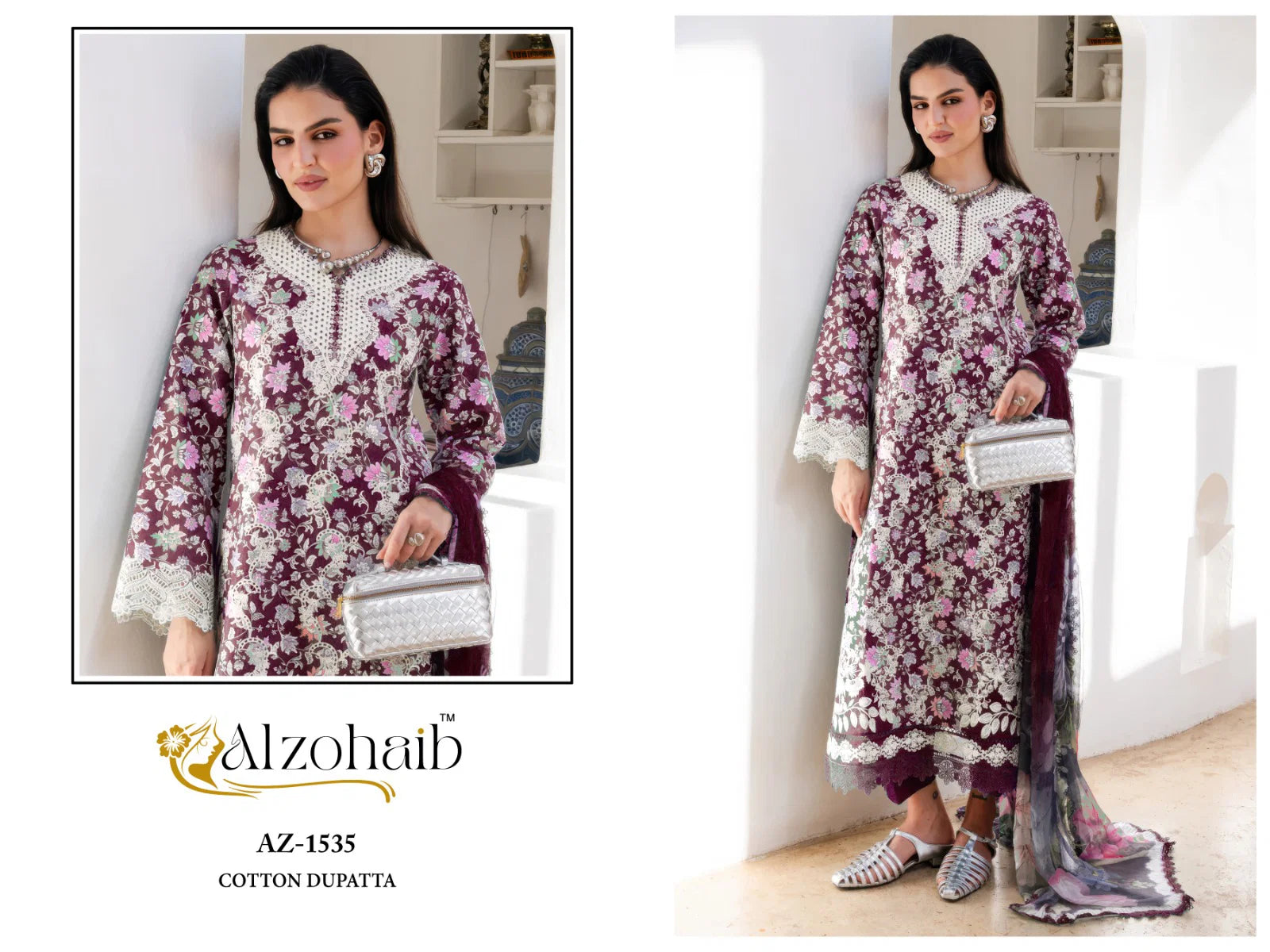 Alzohaib Az 1535 To 1538 Chiffon Dupatta Cotton Embroidered Salwar Kameez