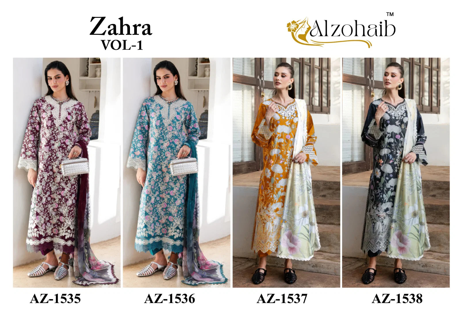 Alzohaib Az 1535 To 1538 Chiffon Dupatta Cotton Embroidered Salwar Kameez