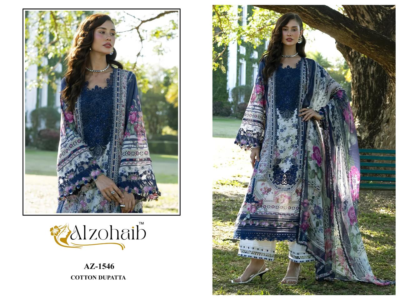 Alzohaib Aziza 1543 To 1546 Chiffon Dupatta Cotton Patch Work Salwar Kameez