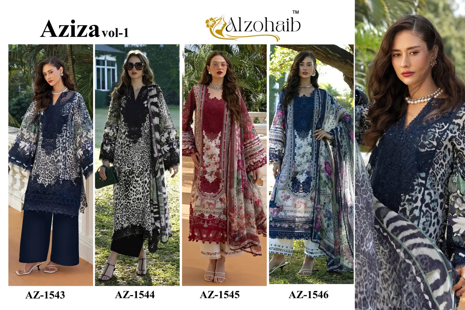 Alzohaib Aziza 1543 To 1546 Chiffon Dupatta Cotton Patch Work Salwar Kameez