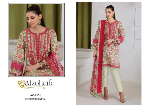 Alzohaib Zoya 1549 To 1552 Chiffon Dupatta Cotton Patched Worked Salwar Kameez Full Catalog available at wholesale rate.