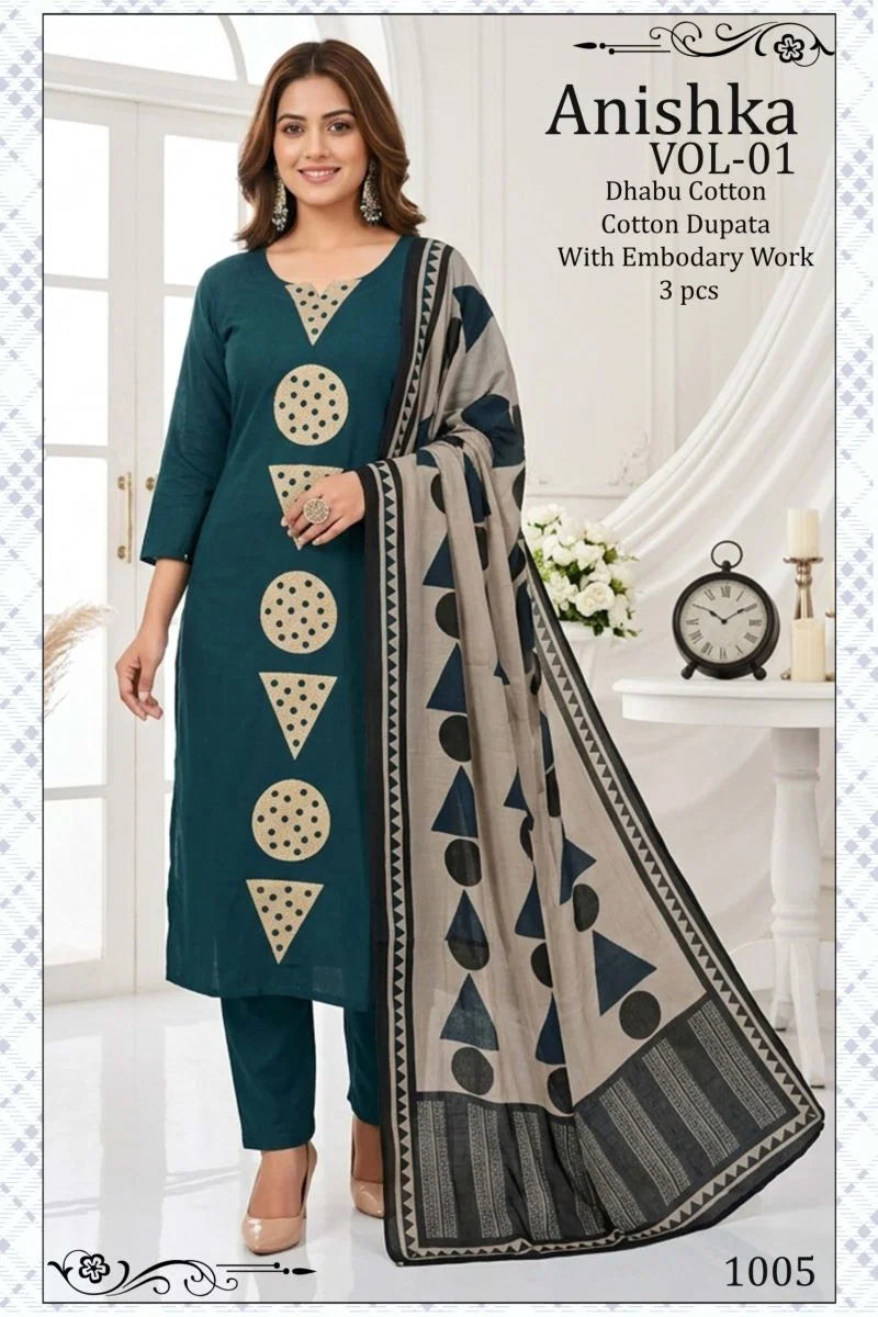 Anishka Vol 1 Dhabu Cotton Embroidered Kurti Pant With Dupatta