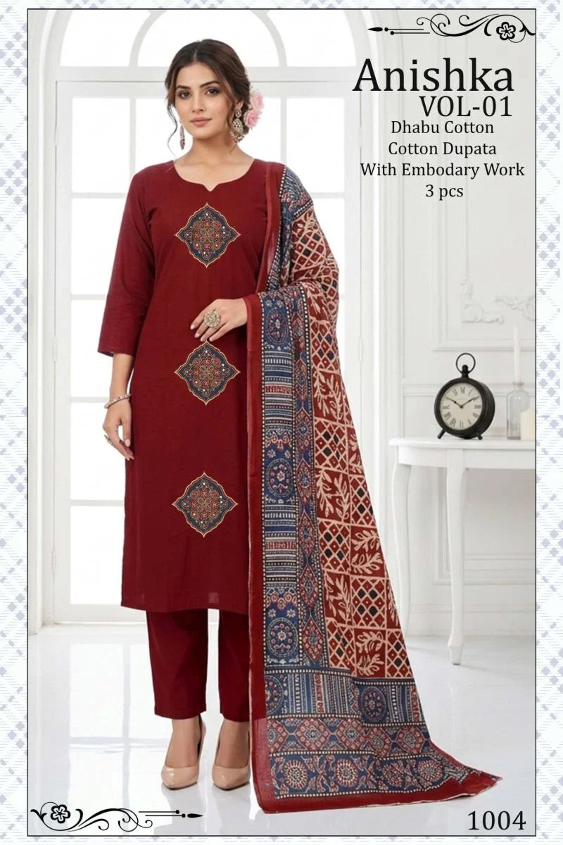 Anishka Vol 1 Dhabu Cotton Embroidered Kurti Pant With Dupatta