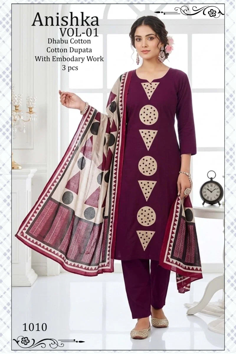 Anishka Vol 1 Dhabu Cotton Embroidered Kurti Pant With Dupatta