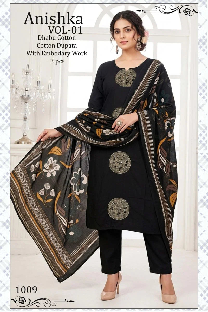 Anishka Vol 1 Dhabu Cotton Embroidered Kurti Pant With Dupatta