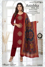 Anishka Vol 1 Dhabu Cotton Embroidered Kurti Pant With Dupatta