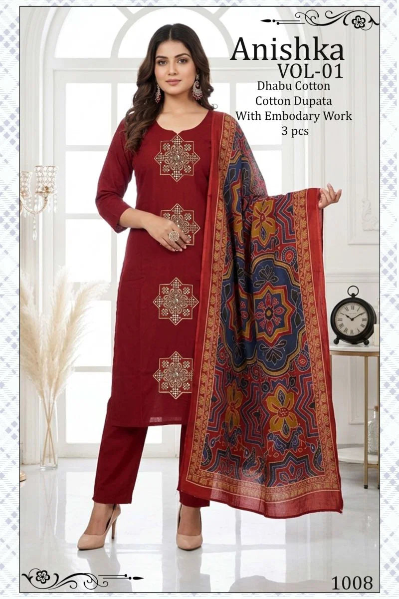 Anishka Vol 1 Dhabu Cotton Embroidered Kurti Pant With Dupatta