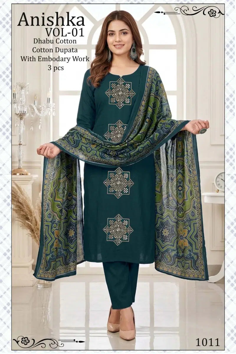 Anishka Vol 1 Dhabu Cotton Embroidered Kurti Pant With Dupatta