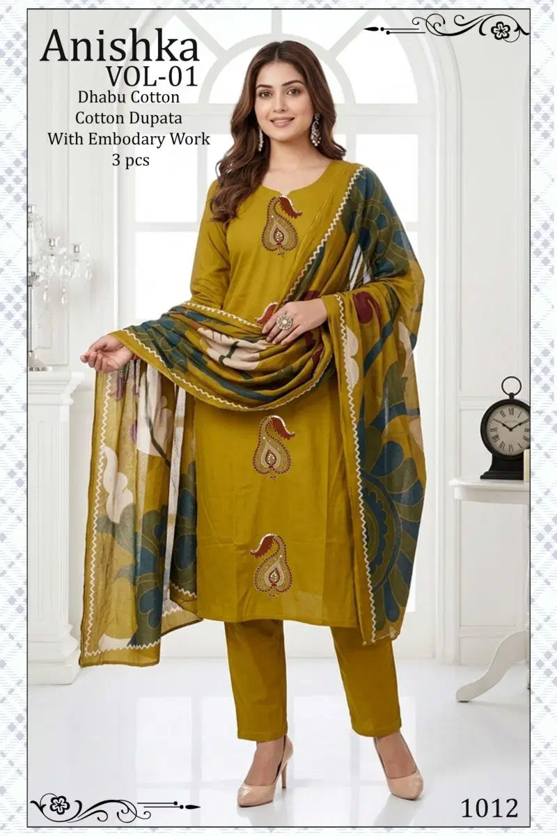 Anishka Vol 1 Dhabu Cotton Embroidered Kurti Pant With Dupatta