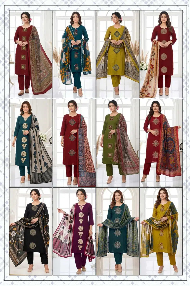 Anishka Vol 1 Dhabu Cotton Embroidered Kurti Pant With Dupatta