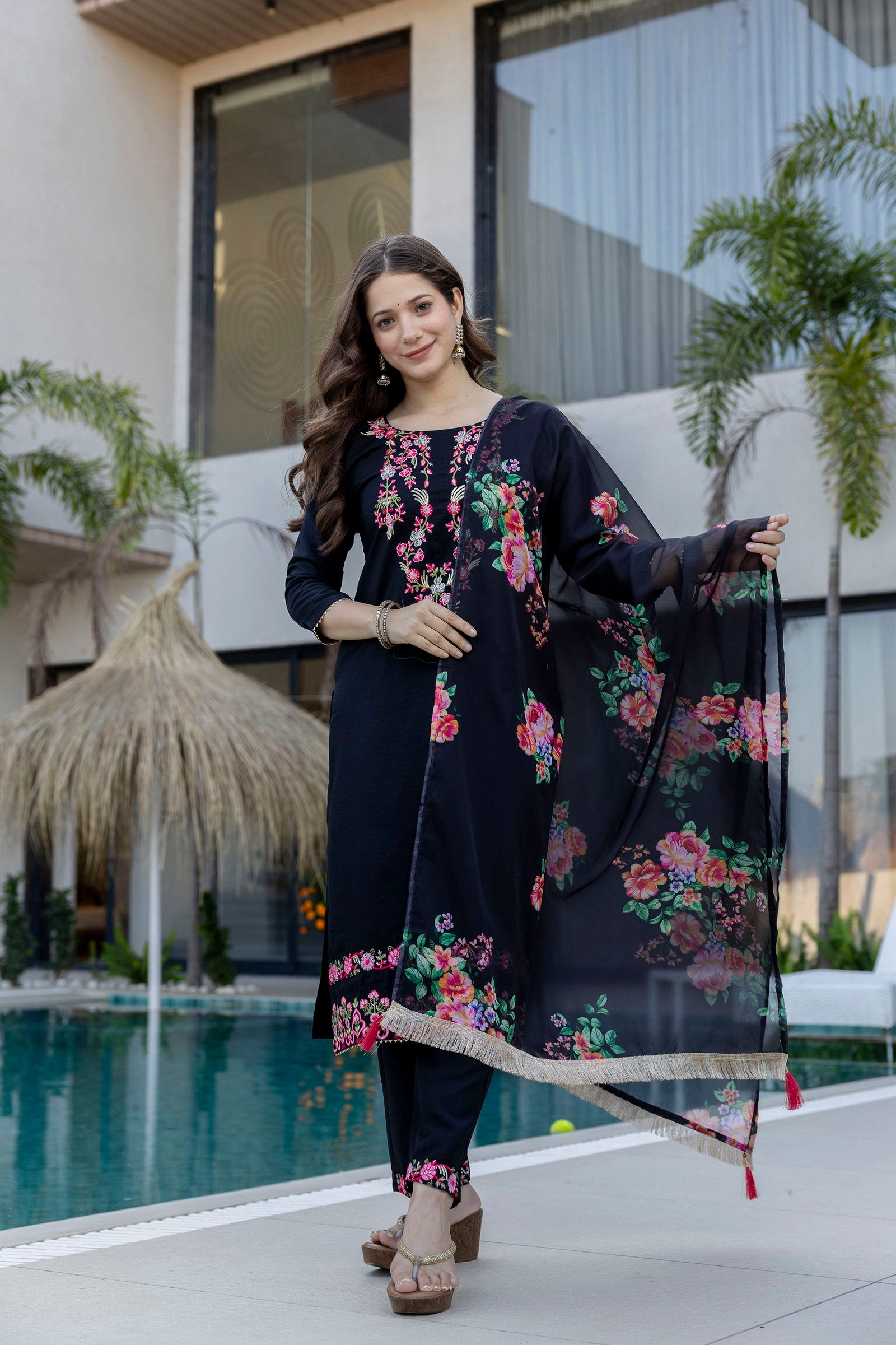 Aramaya 01 Chinon Embroidery Kurti Pant And Dupatta