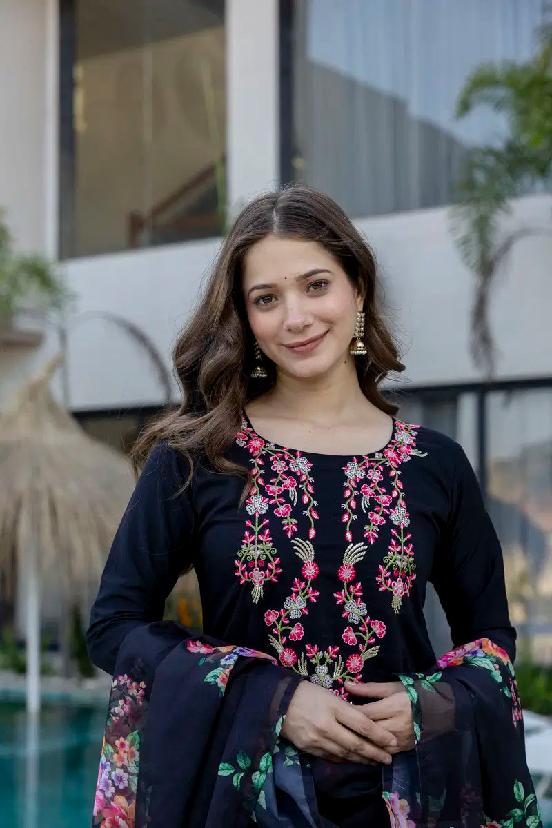 Aramaya 01 Chinon Embroidery Kurti Pant And Dupatta