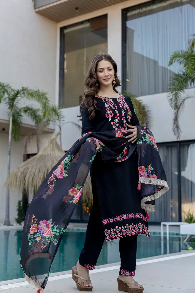Aramaya 01 Chinon Embroidery Kurti Pant And Dupatta