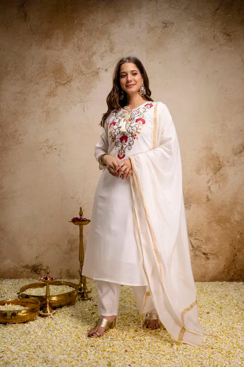 Aranora 01 White Color Roman Embroidery Kurti Pant With Dupatta