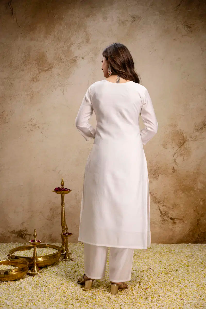 Aranora 01 White Color Roman Embroidery Kurti Pant With Dupatta