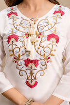 Aranora 01 White Color Roman Embroidery Kurti Pant With Dupatta