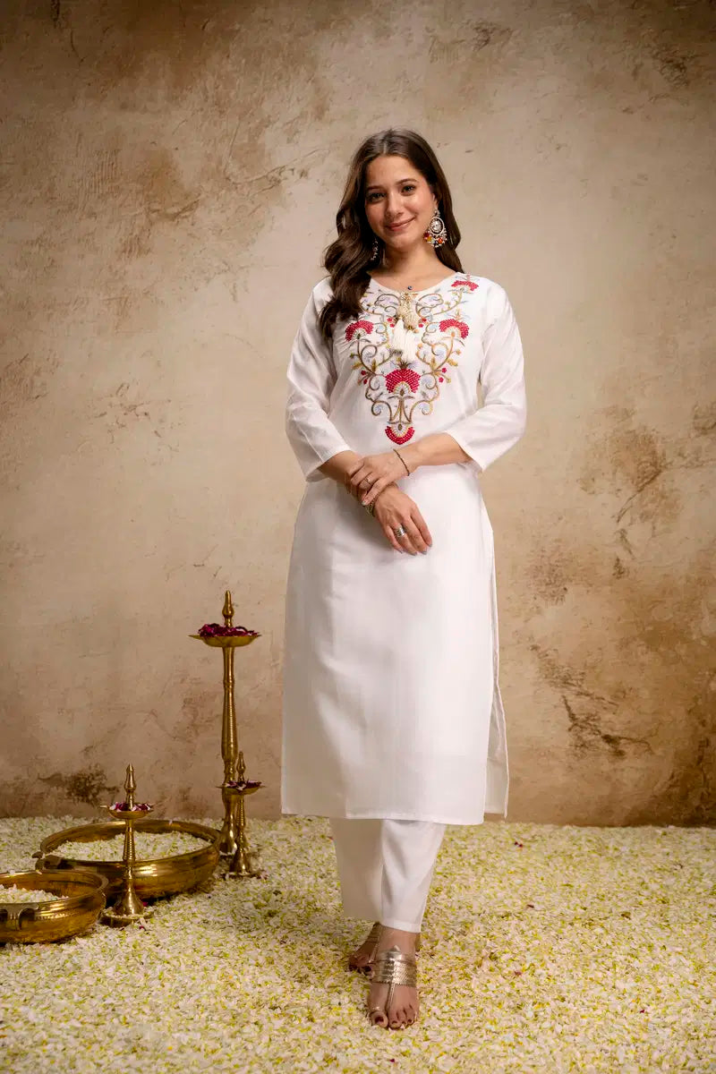 Aranora 01 White Color Roman Embroidery Kurti Pant With Dupatta