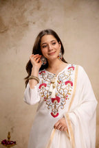 Aranora 01 White Color Roman Embroidery Kurti Pant With Dupatta