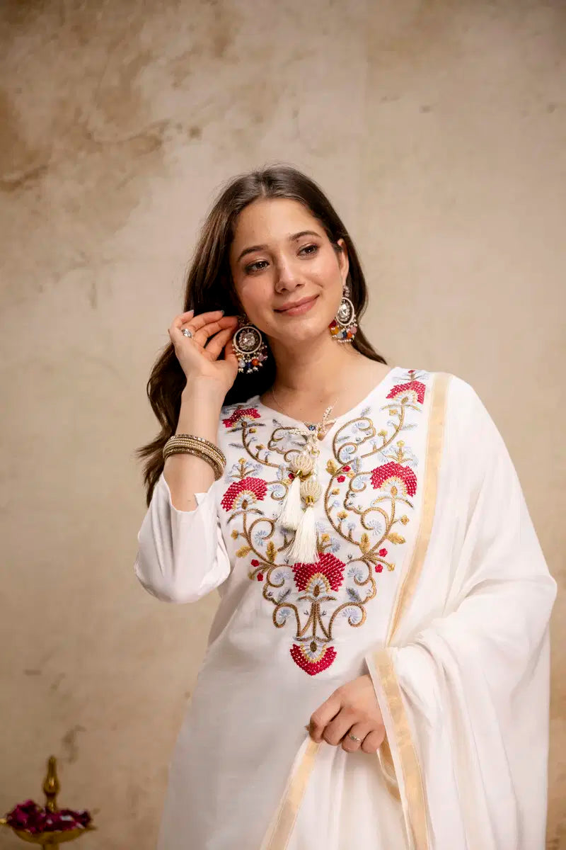 Aranora 01 White Color Roman Embroidery Kurti Pant With Dupatta